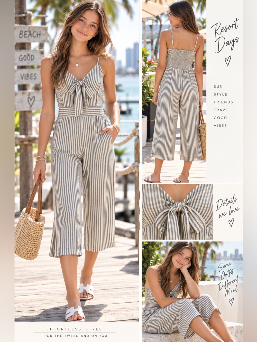 Japna Cream & Olive-Striped Tie-Front Spaghetti Strap Jumpsuit